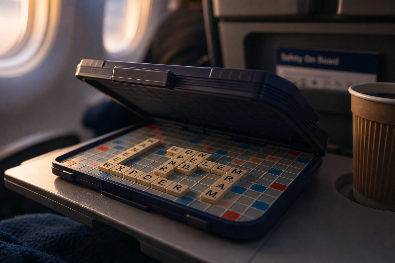 Folding travel word game board closed mid-game on tray table