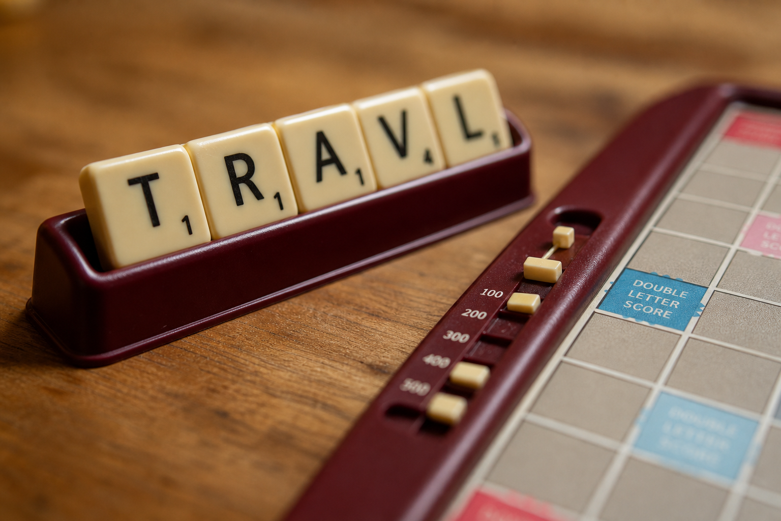 Letter tile rack edge scoring slider on travel board