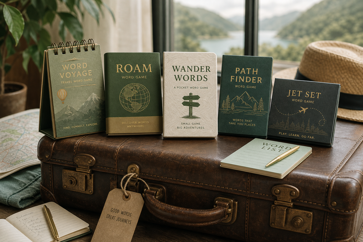 Several compact travel word games on vintage luggage