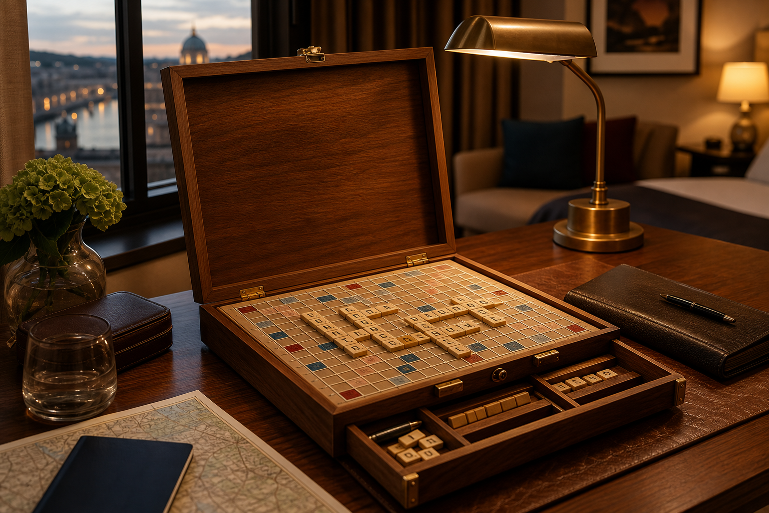 Deluxe wooden travel word game open on hotel desk with warm lamp