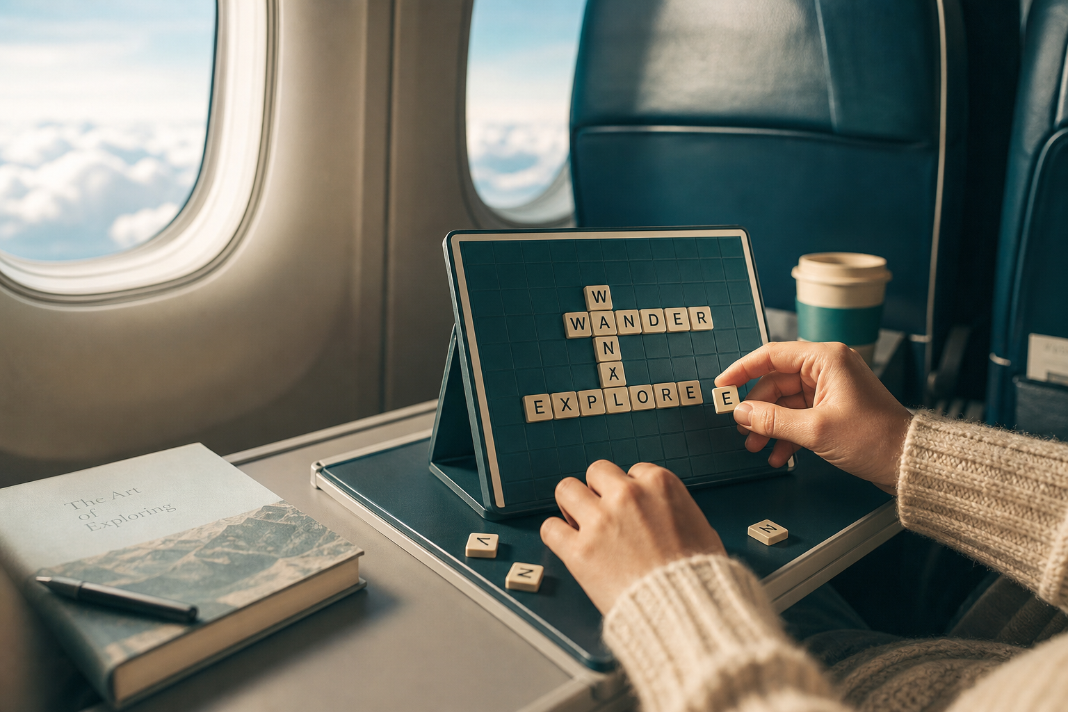 Magnetic tiles on folding travel word board near aircraft style window