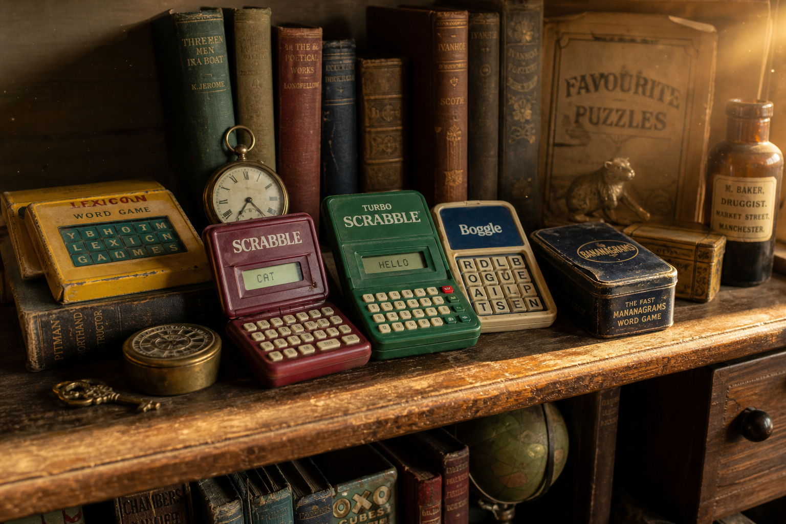 Vintage pocket word games on collector shelf
